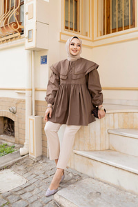 Çift Yaka Gupurlu Gömlek Kahverengi