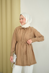 Çima Detay Bel Bağlamalı Gömlek Vizon