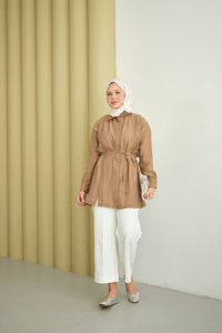 Çima Detay Bel Bağlamalı Gömlek Vizon