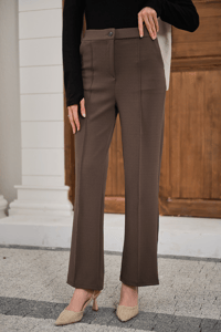 Çima Detay Düğmeli Kumaş Pantolon Kahverengi