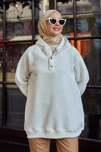 Çıt Çıt Detay Kapüşonlu Sweat Beyaz