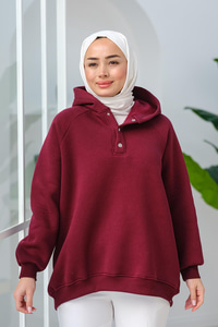 Çıt Çıt Detay Kapüşonlu Sweat Bordo