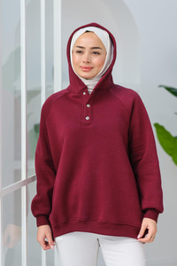 Çıt Çıt Detay Kapüşonlu Sweat Bordo