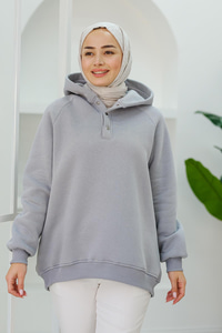 Çıt Çıt Detay Kapüşonlu Sweat Gri