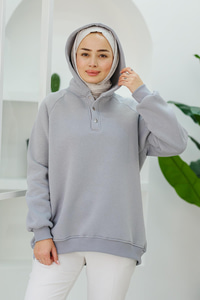 Çıt Çıt Detay Kapüşonlu Sweat Gri