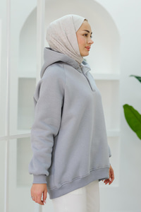Çıt Çıt Detay Kapüşonlu Sweat Gri