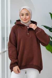 Çıt Çıt Detay Kapüşonlu Sweat Kahverengi