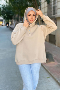 Çıt Çıt Detay Kapüşonlu Sweat Krem