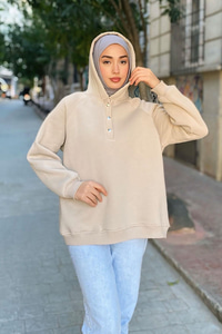 Çıt Çıt Detay Kapüşonlu Sweat Krem