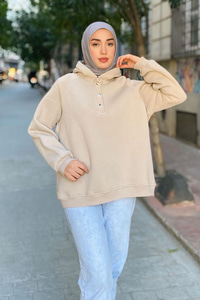 Çıt Çıt Detay Kapüşonlu Sweat Krem