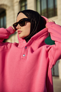 Çıt Çıt Detay Kapüşonlu Sweat Pembe