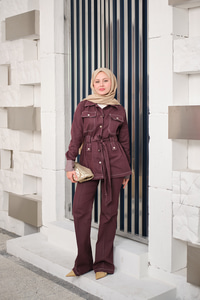 Çıt Çıt Detaylı Dikiş Detay Bel Bağlamalı Takım Bordo