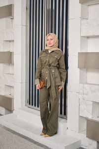 Çıt Çıt Detaylı Dikiş Detay Bel Bağlamalı Takım Haki Yeşil