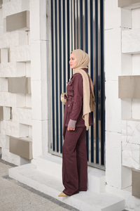 Çıt Çıt Detaylı Dikiş Detay Bel Bağlamalı Takım Bordo