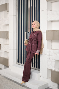 Çıt Çıt Detaylı Dikiş Detay Bel Bağlamalı Takım Bordo