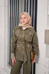 Çıt Çıt Detaylı Dikiş Detay Bel Bağlamalı Takım Haki Yeşil