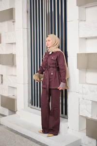 Çıt Çıt Detaylı Dikiş Detay Bel Bağlamalı Takım Bordo