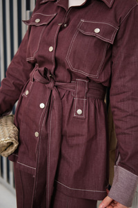 Çıt Çıt Detaylı Dikiş Detay Bel Bağlamalı Takım Bordo