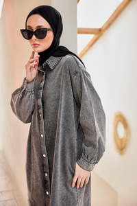 Çıt Çıt Detaylı Midi Boy Kot Ceket Antrasit