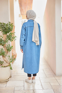 Çıt Çıt Detaylı Midi Boy Kot Ceket Buz Mavi