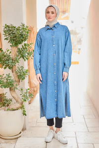 Çıt Çıt Detaylı Midi Boy Kot Ceket Buz Mavi