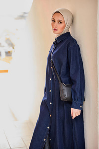 Çıt Çıt Detaylı Midi Boy Kot Ceket Lacivert