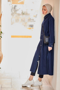 Çıt Çıt Detaylı Midi Boy Kot Ceket Lacivert
