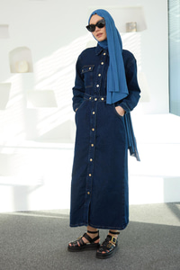 Çıt Çıt Kemerli Kot Elbise  Koyu Mavi