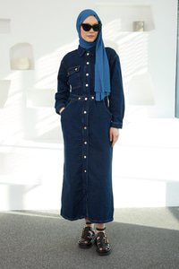 Çıt Çıt Kemerli Kot Elbise  Koyu Mavi