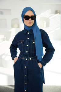 Çıt Çıt Kemerli Kot Elbise  Koyu Mavi