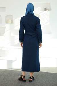 Çıt Çıt Kemerli Kot Elbise  Koyu Mavi