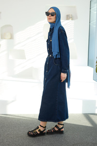 Çıt Çıt Kemerli Kot Elbise  Koyu Mavi