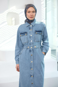 Çıt Çıt Kemerli Kot Elbise  Mavi