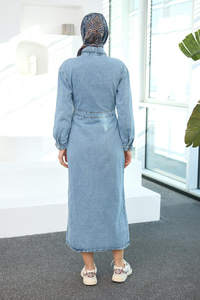 Çıt Çıt Kemerli Kot Elbise  Mavi