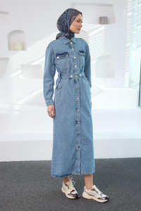 Çıt Çıt Kemerli Kot Elbise  Mavi