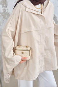 Çıtçıt Detay Kapüşonlu Gizli Fermuarlı Panço Krem