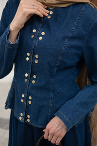 Çıtçıtlı Bisiklet Yaka Etekli Kot Takım Lacivert