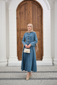 Çıtçıtlı Bisiklet Yaka Etekli Kot Takım Buz Mavi