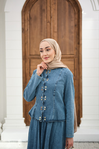 Çıtçıtlı Bisiklet Yaka Etekli Kot Takım Buz Mavi