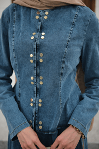 Çıtçıtlı Bisiklet Yaka Etekli Kot Takım Buz Mavi