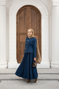 Çıtçıtlı Bisiklet Yaka Etekli Kot Takım Lacivert