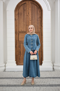 Çıtçıtlı Bisiklet Yaka Etekli Kot Takım Buz Mavi