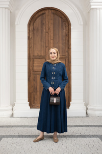 Çıtçıtlı Bisiklet Yaka Etekli Kot Takım Lacivert