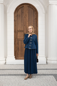 Çıtçıtlı Bisiklet Yaka Etekli Kot Takım Lacivert