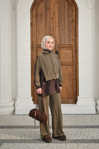 Çıtçıtlı Çift Kat Kapüşonlu Takım Kahverengi