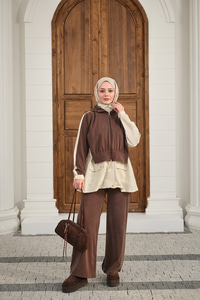 Çıtçıtlı Çift Kat Kapüşonlu Takım Krem