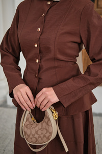 Çıtçıtlı Dikiş Detay Etekli Takım Kahverengi