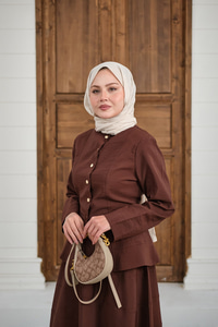 Çıtçıtlı Dikiş Detay Etekli Takım Kahverengi