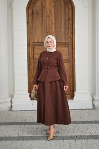 Çıtçıtlı Dikiş Detay Etekli Takım Kahverengi