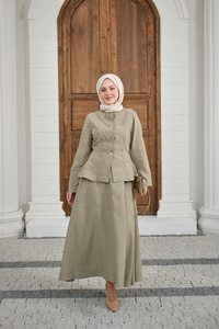 Çıtçıtlı Dikiş Detay Etekli Takım Küf Yeşil